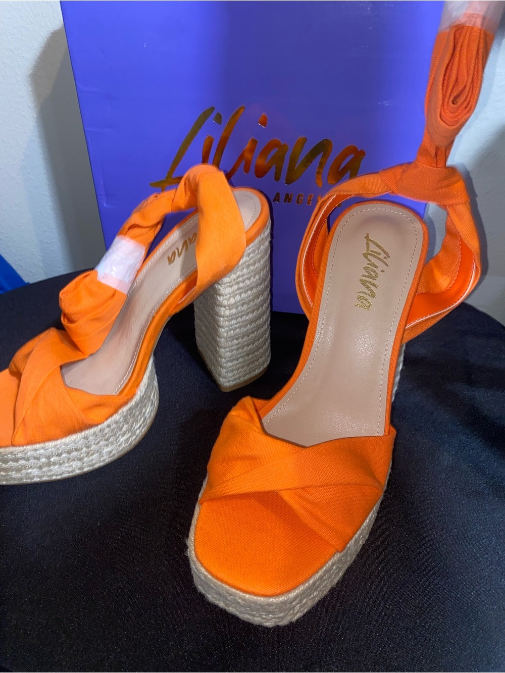Liliana Orange Knotted Espadrille Platform Heels with Ankle Wrap